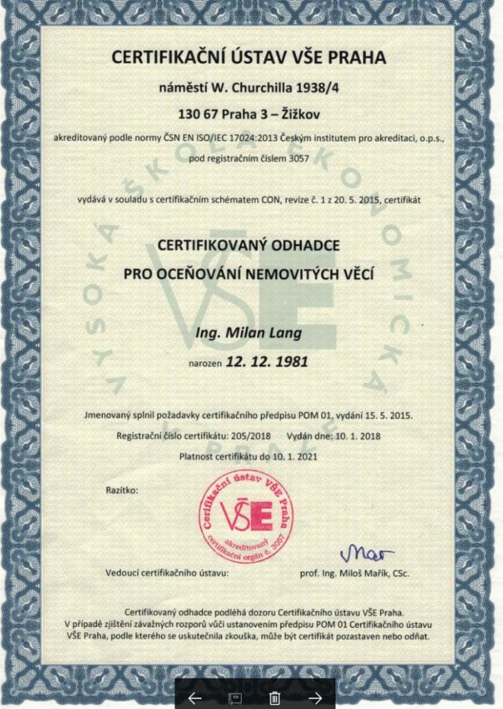Certifikát odhady nemovitostí Milan Lang